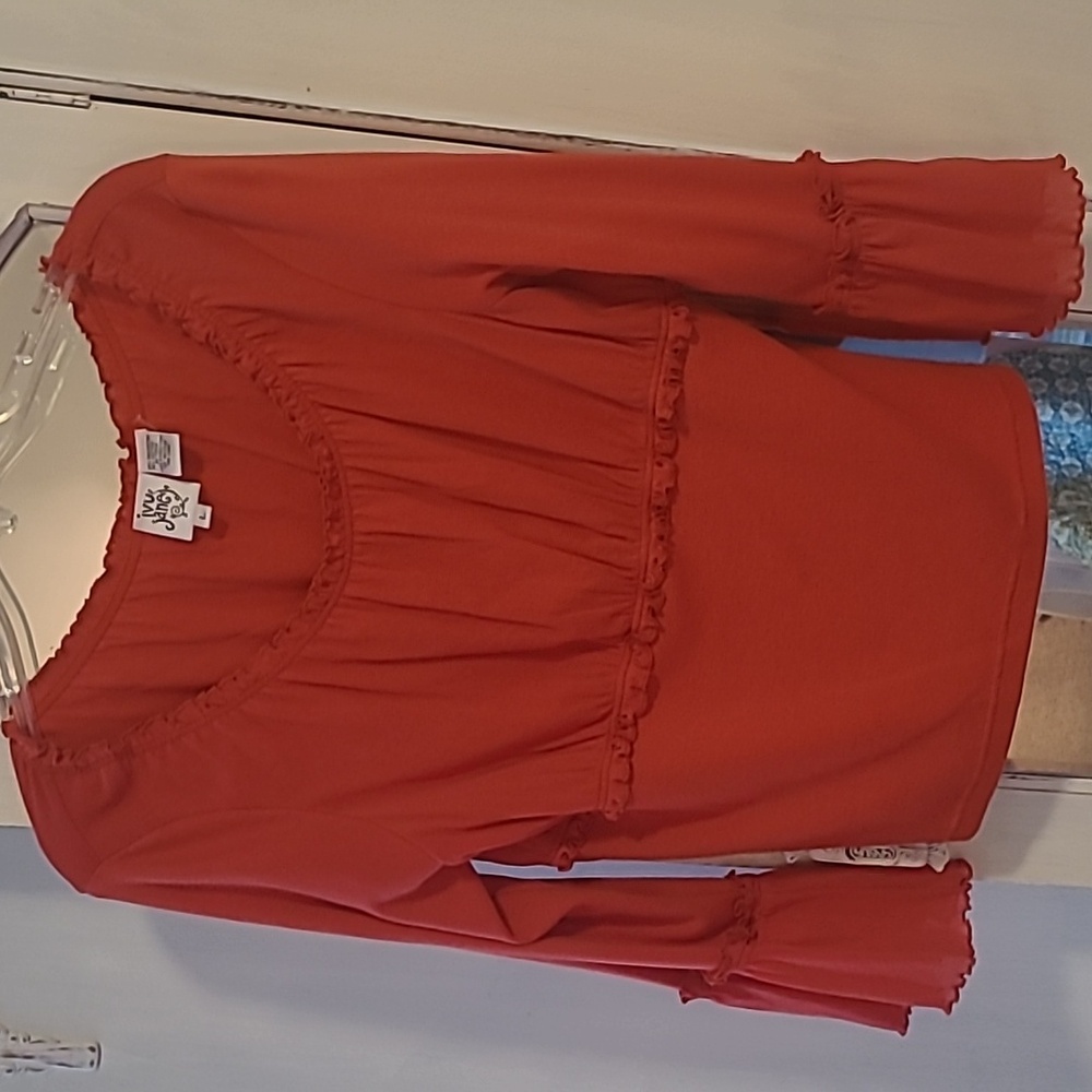 Ivy Jane orange/rust color soft shirt with sheer fabric accents